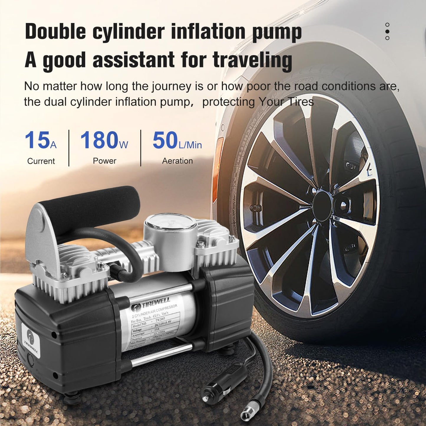 TIREWELL Tire Inflator Portable Air Compressor, 12V 150PSI Air Pump for Car, SUV, Motorcycle, Bicycle, Tire Inflator with Gauge, Air Car Pump with Battery Clamp and 5M Hose, Twin Cylinder Air Pump