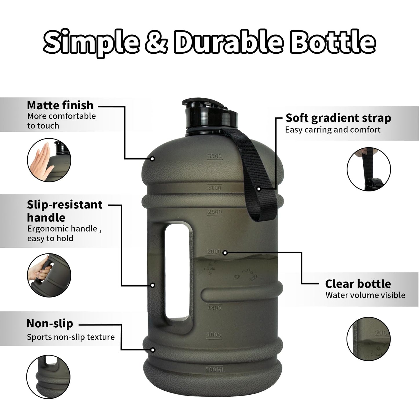 TOOFEEL 1 Gallon Water Bottle - 128 oz With Flip Lid, Measurements Marked, Leak Proof BPA Free Jug for Gym, Sports - Matte Black