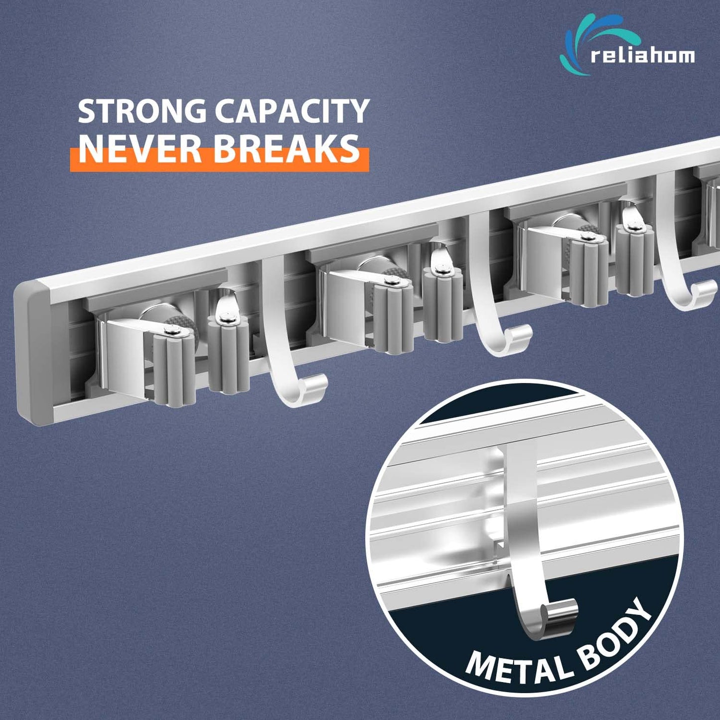 reliahom 2 Pack Broom Holder Wall Mount Mop and Broom Hanger Wall Mounted Garage Storage Rack Kitchen Garden Tool Organizer (5 Racks with 4 Hooks, Silver)