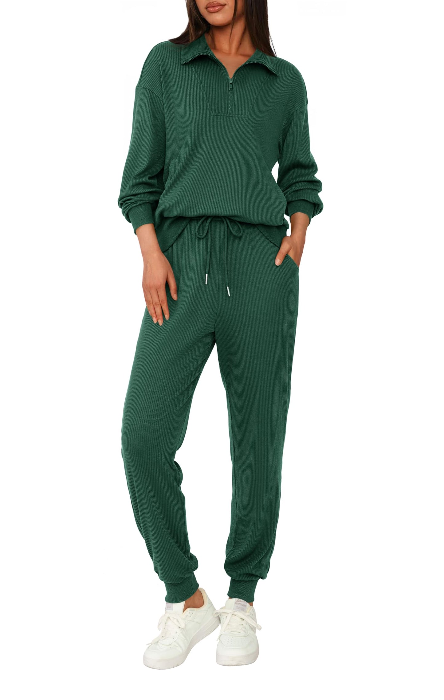 BTFBM Women's 2 Piece Tracksuit Fall Outfits 2025 Long Sleeve Half Zip Sweatshirt Sweatpants Lounge Set Sweatsuits(Solid Dark Green,Medium)