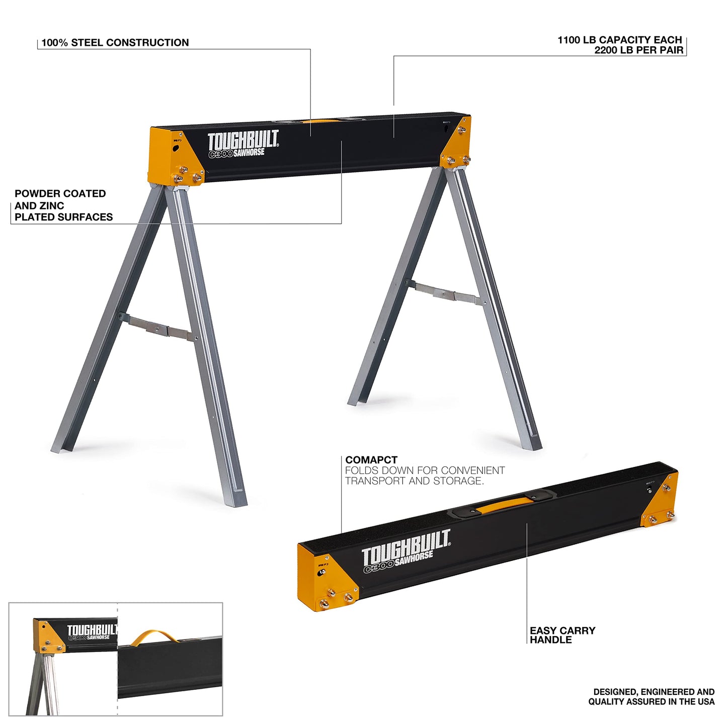 ToughBuilt - Folding Sawhorses/Jobsite Table - Sturdy, Durable, Lightweight, Heavy-Duty, 100% High Grade Steel, 1100lb Capacity, Easy Carry Handle - (TB-C300-2) - 2 Pack