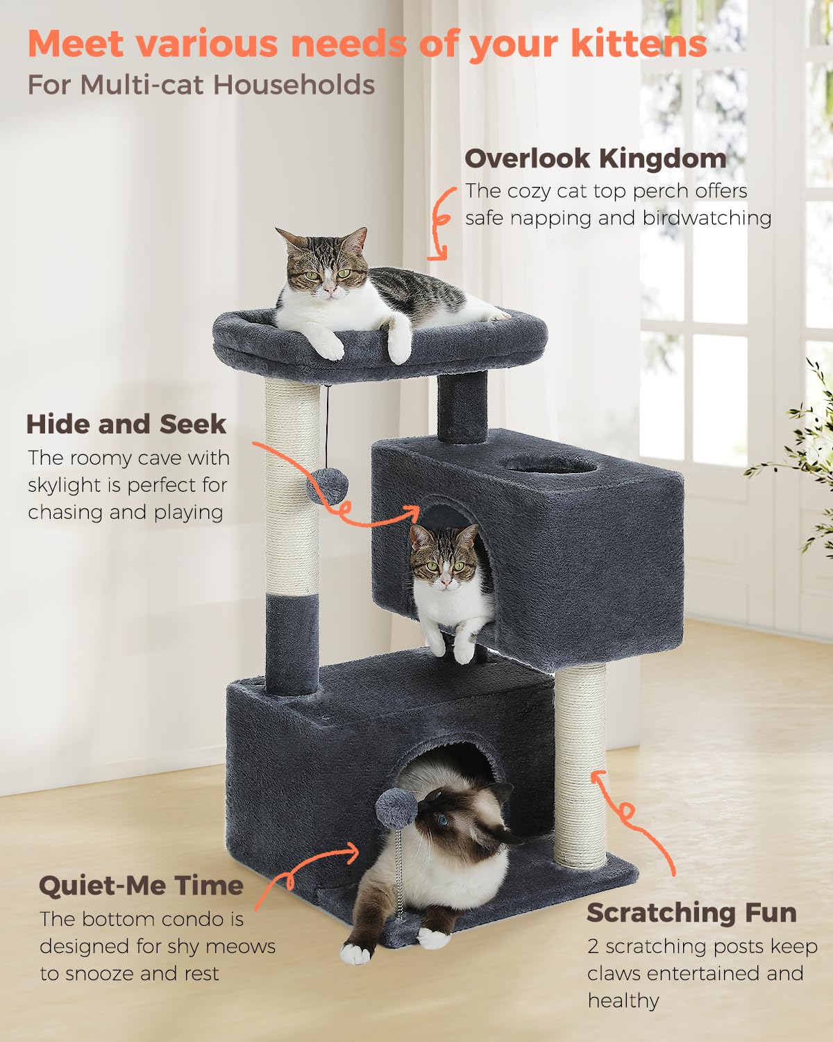 UYMI 32" Cat Tree Tower for Indoor Cats - 2 Cozy Condos, Multi-Level Cat Scratching Posts with Sisal, Soft Padded Perch, 2 Dangling Toys, Dark Grey