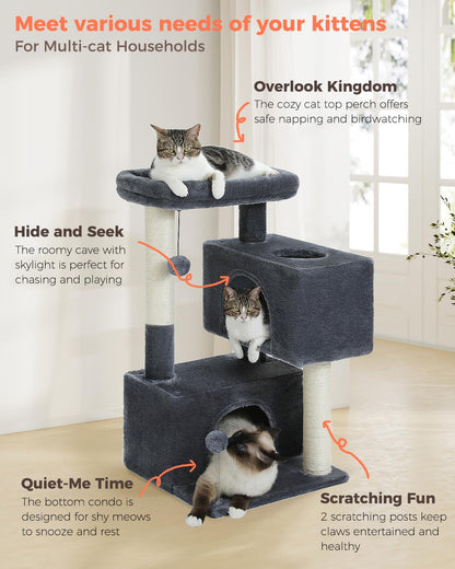UYMI 32" Cat Tree Tower for Indoor Cats - 2 Cozy Condos, Multi-Level Cat Scratching Posts with Sisal, Soft Padded Perch, 2 Dangling Toys, Dark Grey