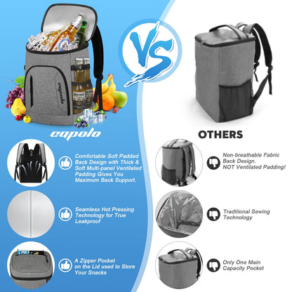 Capolo Cooler Backpack 30 Cans, Insulated Backpack Cooler Leak Proof Large Capacity Thermal Bag Beverage Soft Cooler Bag Lunch Camping Travel Picnic Hiking for Men Women Gray