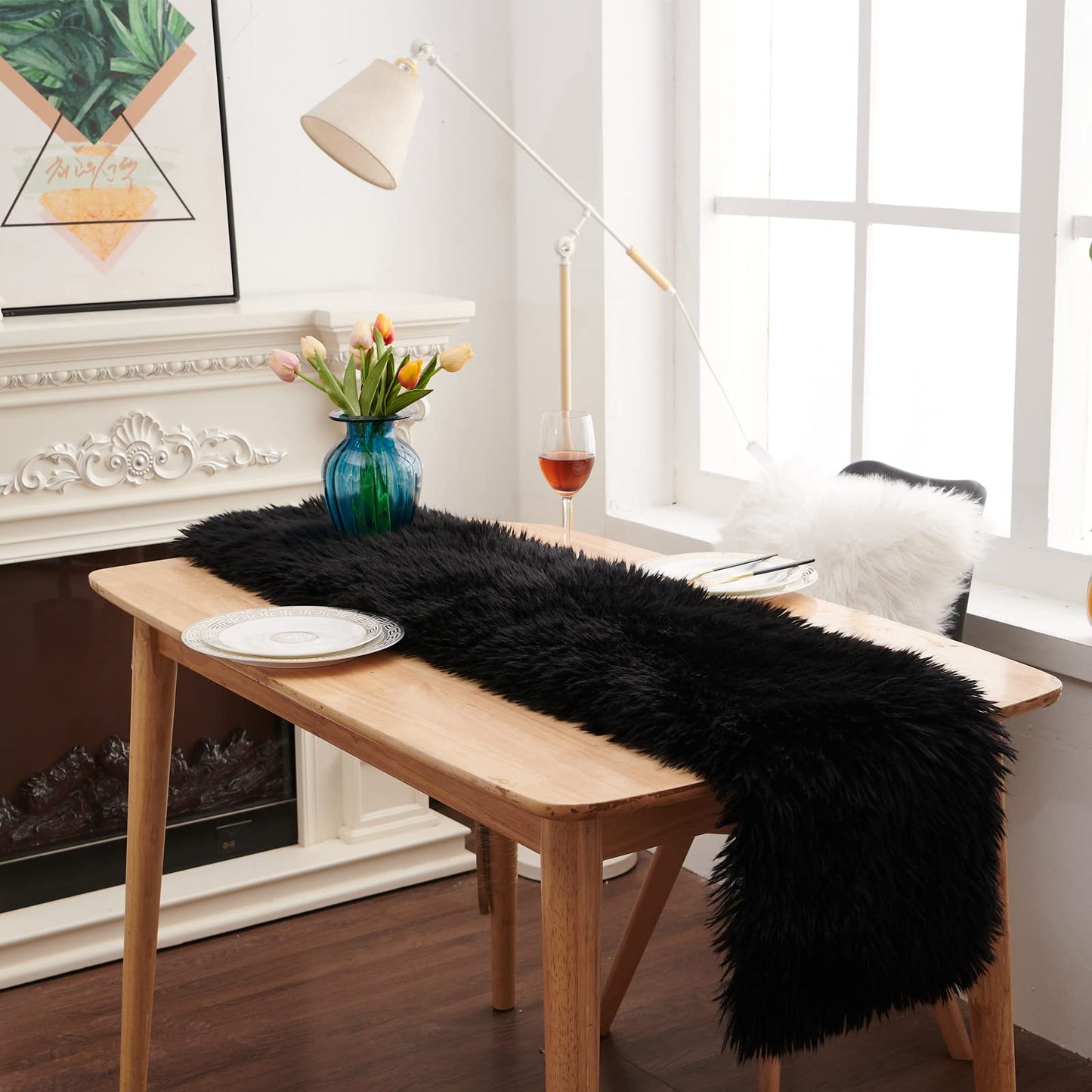 Table Runner, Modern Black Thanksgiving Fur Table Runners for Christmas Wedding Party Holiday Birthday Home Farmhouse Dining Coffee Table Decor, Decoration Rug Bed Runner for Table