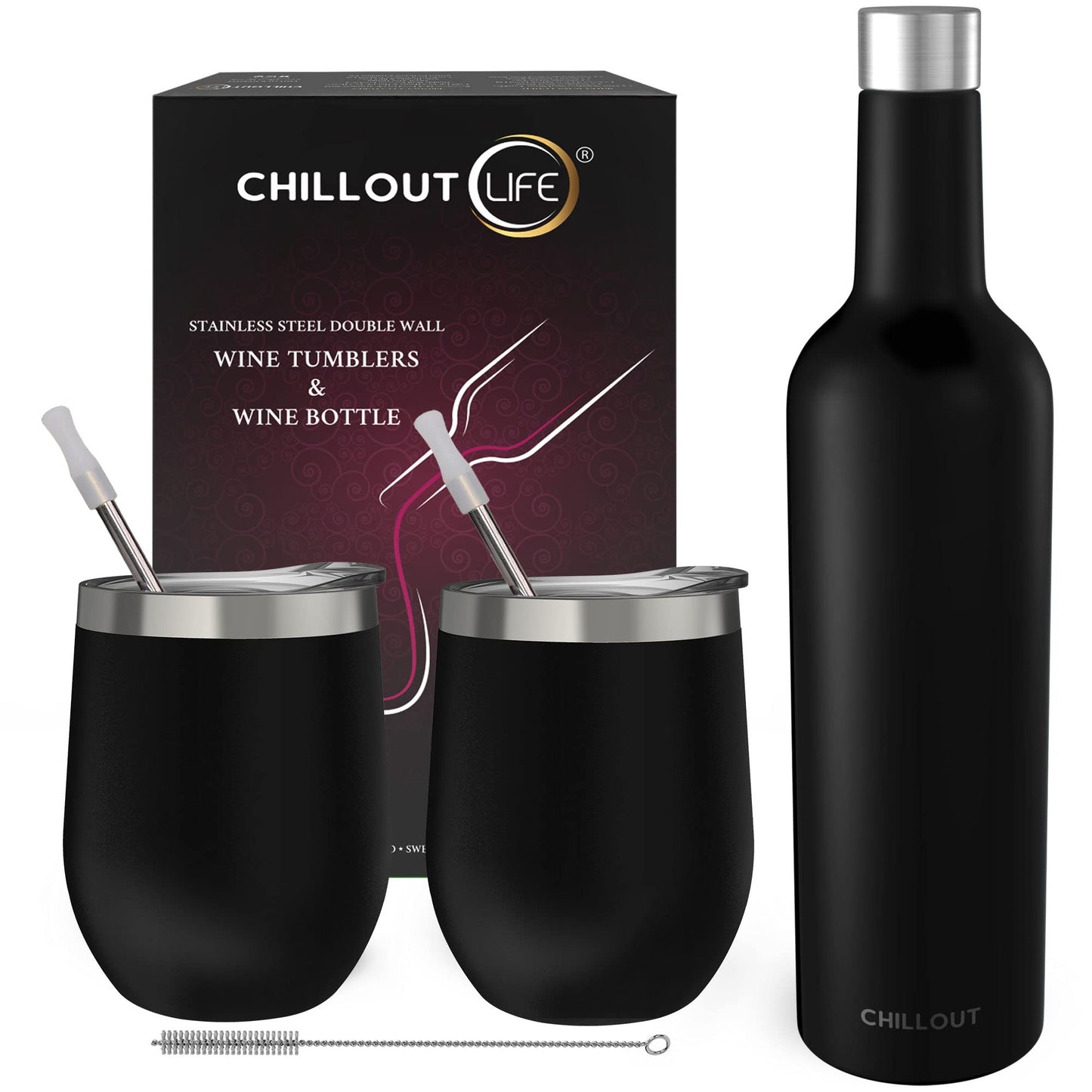 CHILLOUT LIFE Stainless Steel Wine Tumblers 2 Pack 12 oz & 1 Insulated Wine Bottle - Double Wall Vacuum Insulated Wine Cups with Lids and Straws Set - Black
