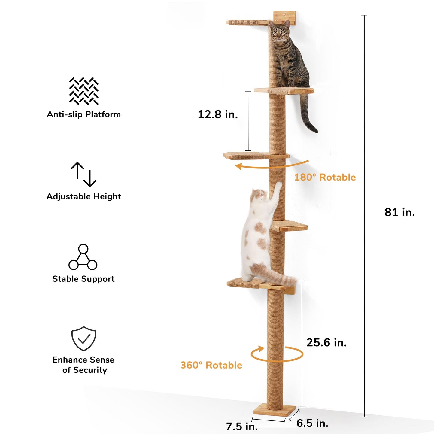 FUKUMARU Tall Cat Tree, 5 Tier Floor to Ceiling Cats Tower, Wall-Mounted Kitten Scratching Post, Wild Simulation Kittens Wall Shelves, Suitable for Climb, Scratch, Lookout and Play