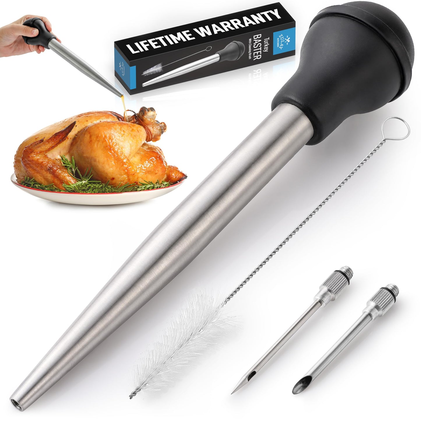 Zulay Kitchen Stainless Steel Turkey Baster for Cooking - Food Grade Metal Baster Syringe & Silicone Suction Bulb - Large Size With 2 Detachable Needles and Cleaning Brush