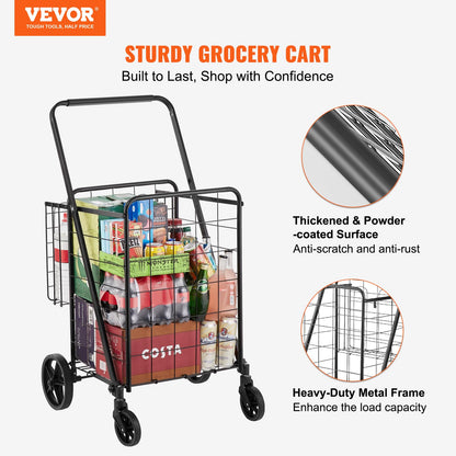 VEVOR Folding Shopping Cart, Jumbo Grocery Utility Cart with Double Baskets, 360° Swivel Wheels, 110 LBS Large Capacity Heavy Duty for Laundry, Shopping, Grocery, Luggage, Black