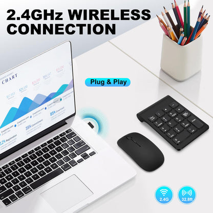 TRELC Wireless Numeric Keypad, Mini 2.4G 18 Keys Number Pad, Portable Silent Financial Accounting Numeric Keypad Keyboard Extensions with Wireless Mouse for Laptop, PC, Desktop, Notebook(Black)