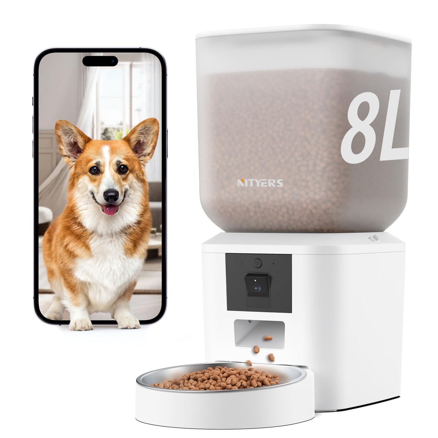 Automatic Dog & Cat Feeder with Camera & WiFi – 8L/34 Cups, 1080P Night Vision, 2.4 & 5G WiFi, 2-Way Talk, 10s Voice Recording, Timed Food Dispenser, Up to 99 Portions, 15 Meals Per Day