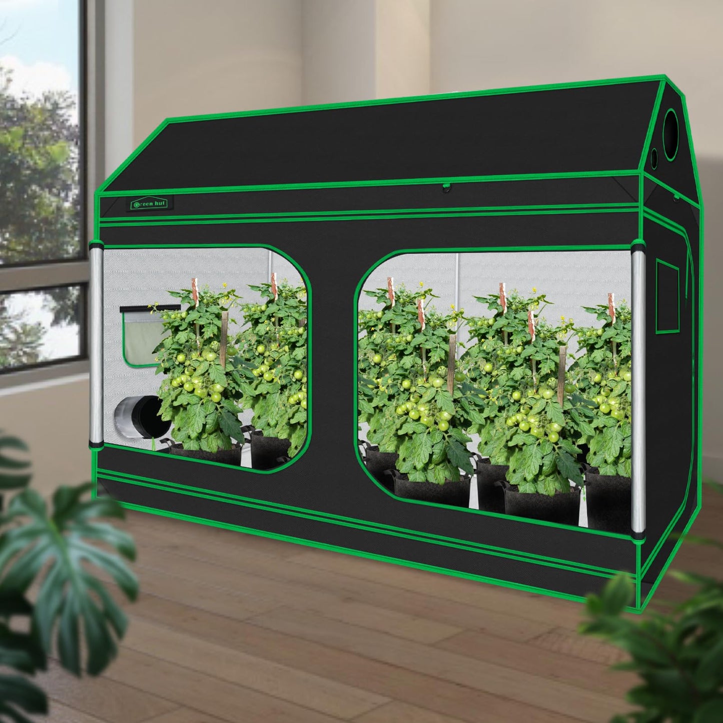 Green Hut 96"x48"x72" Roof Cube Grow Tent with Observation Windows, Lightproof, Mylar Hydroponic Tent with Floor Tray for Indoor Plant Growth