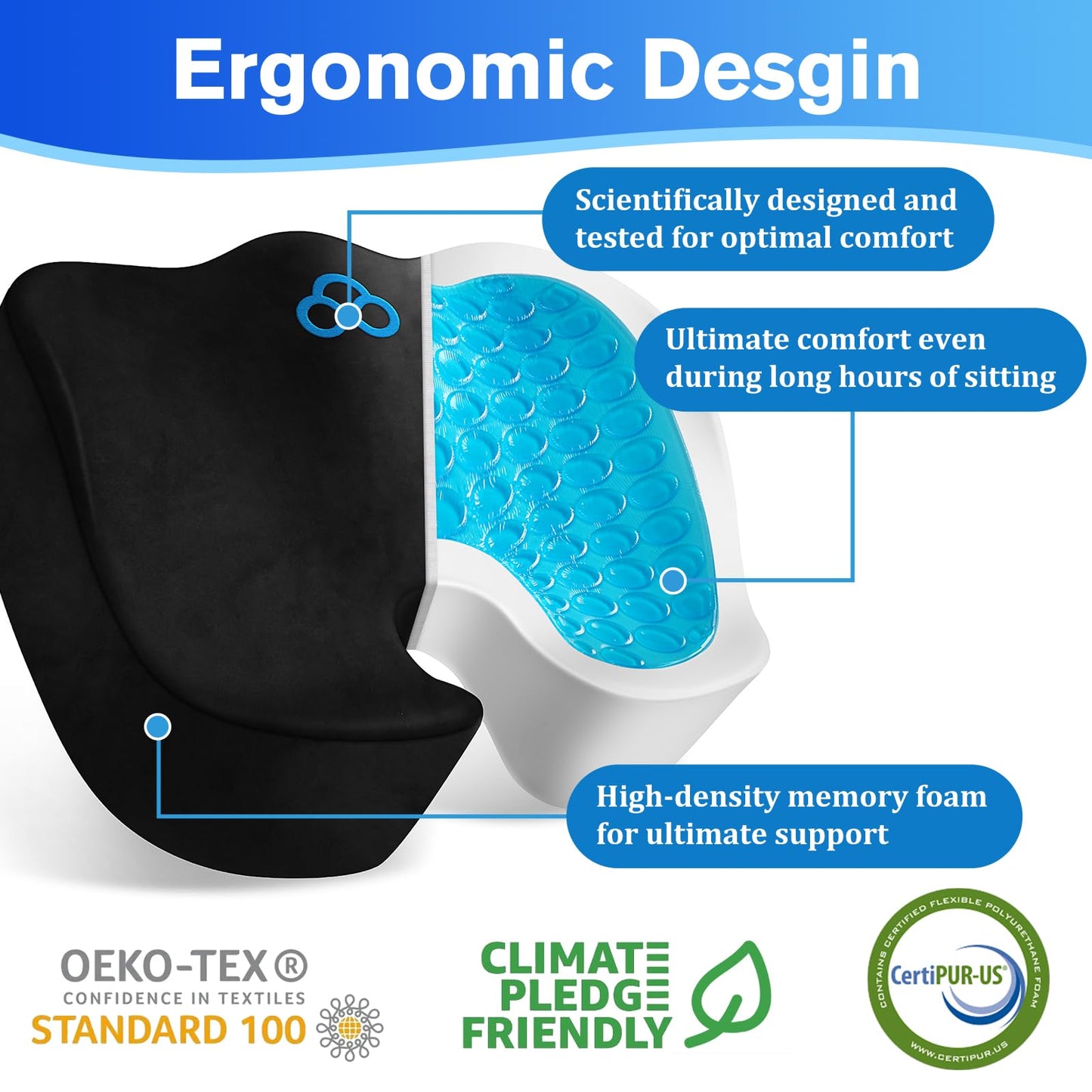 CushyOasis Seat Cushion, Gel Chair Cushions, Office Chair Cushions, Anti-Slip Bottom & Removable Cover Tailbone Pain Relief Cushion, Memory Foam Seat Cushion for Office, Wheelchair, Car (Black)