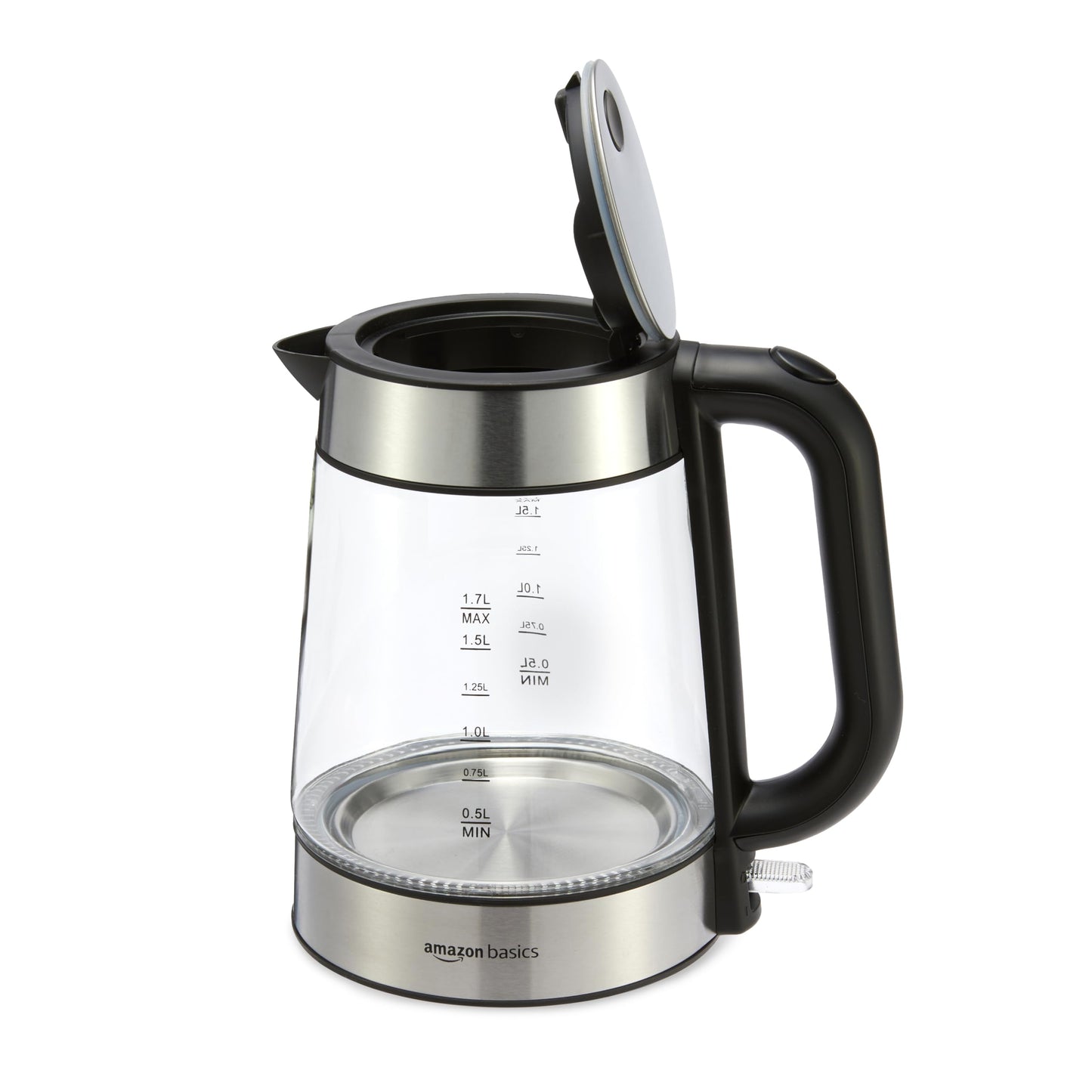 Amazon Basics Electric Kettle with Glass Carafe for Tea and Coffee, BPA-Free, Fast Boiling, Auto Shut-Off, 1.8 Quarts, 1500W, Black and Silver