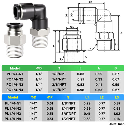 TAILONZ PNEUMATIC Elbow and Straight Combination 1/4 Inch Tube OD x 1/4 Inch NPT Thread Push to Connect Fittings PC-1/4-N2+PL-1/4-N2(Pack of 12)