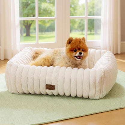 Bedsure Cute Dog Bed for Small Medium Dogs - Washable Furry Puppy Beds, Rectangle Orthopedic Corduroy Fleece Pet Beds with Removable Zipper Cover, 25x21x7inches, Cream