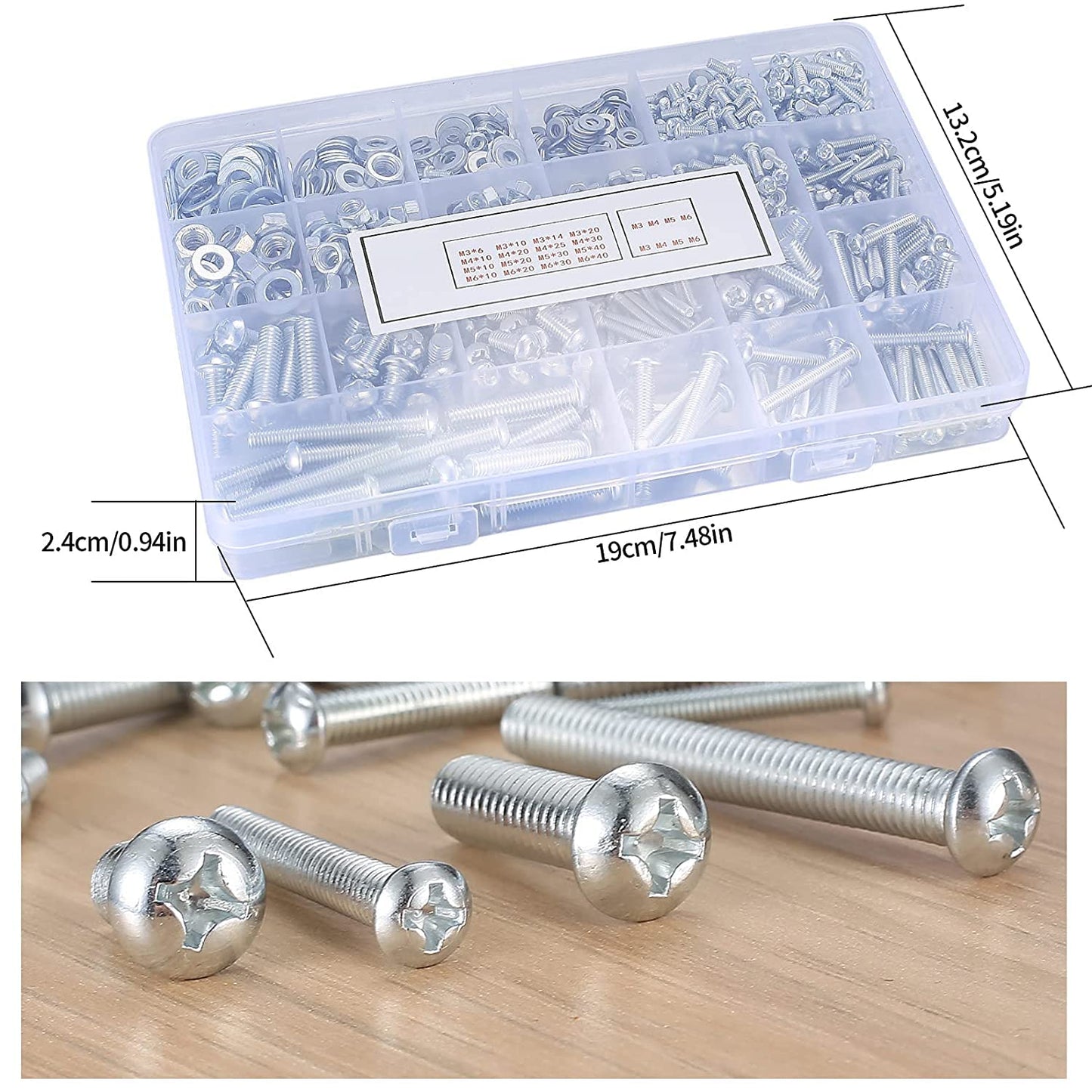 wugongshan 1080 Pcs Screws Bolts and Nuts Assortment Kit, Metric Machine Screws and Nuts and Flat Washers, M3/M4/M5/M6 Cross Slotted Round Head Bolts Sets (C)