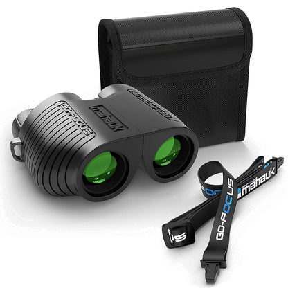 Go-Focus Compact Binoculars for Adults & Kids | Small Travel Binoculars For Bird Watching & Hunting | 10x25 BAK4 Prism | Lightweight & Waterproof | Carry Case & Neck Strap | Range 20m - 1000m | Mahauk