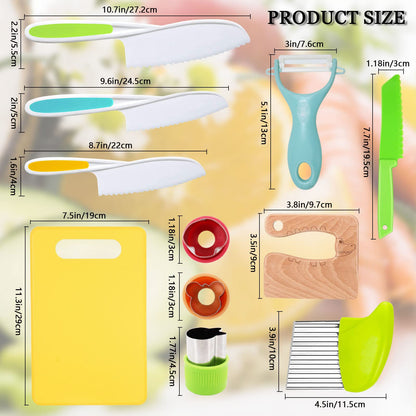 RISICULIS 11 Pieces Wooden Kids Kitchen Knife, Kids Kitchen Set Include Wood Knife, Serrated Edges Plastic Toddler Knife, Crinkle Cutter, Sandwich Cutter, Y Peeler, Cutting Board