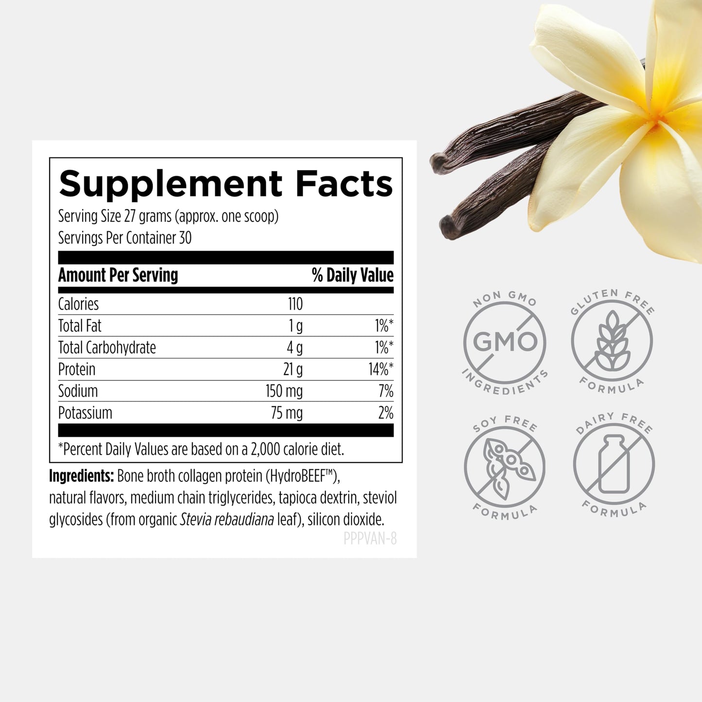 Designs for Health Bone Broth Protein Powder – 21g Grass-Fed, Collagen-Rich Beef Protein Isolate – Vanilla, Paleo, Non-GMO, Dairy-Free (30 Servings / 810g)