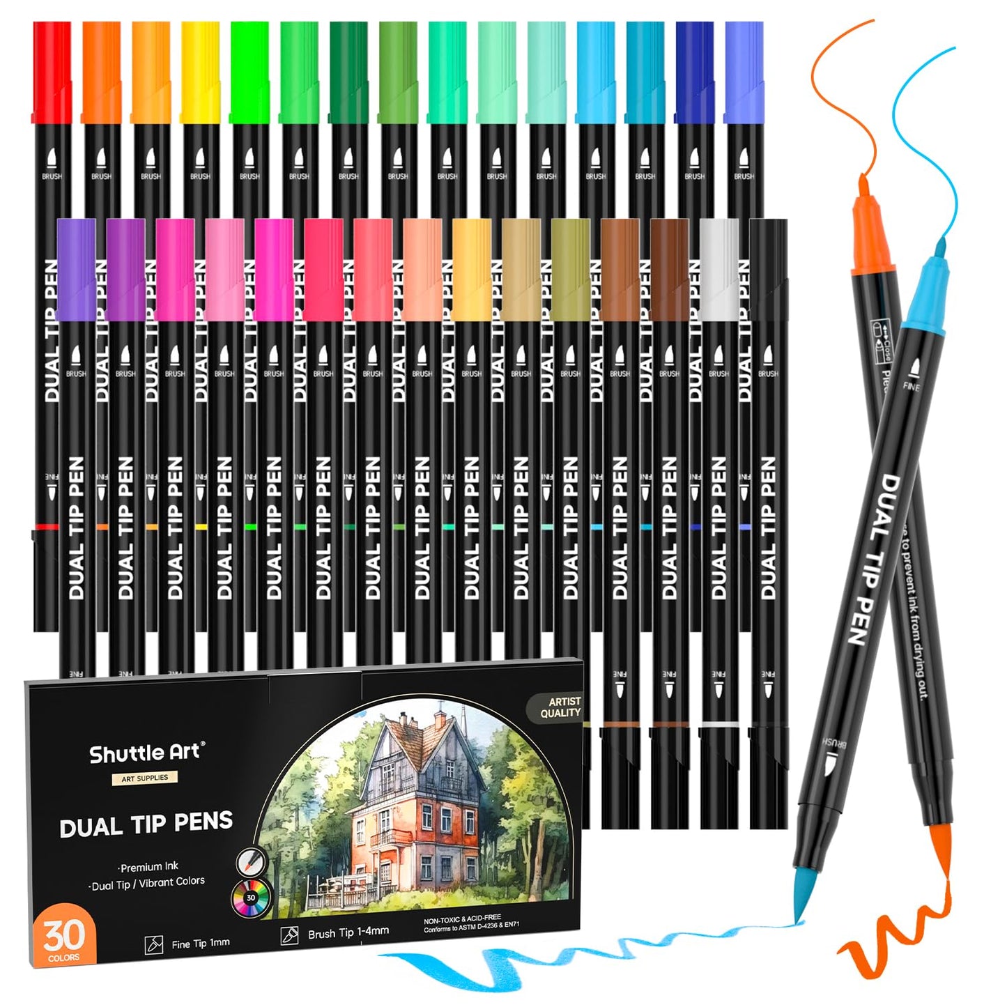 Shuttle Art Dual Tip Brush Marker Pens, 30 Colors Dual Tip Calligraphy Pens Fine and Brush Tip Markers Set, Water-based Ink Perfect for Kids Adult Artist Calligraphy Journal Doodling Writing
