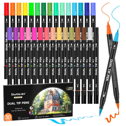 Shuttle Art Dual Tip Brush Marker Pens, 30 Colors Dual Tip Calligraphy Pens Fine and Brush Tip Markers Set, Water-based Ink Perfect for Kids Adult Artist Calligraphy Journal Doodling Writing
