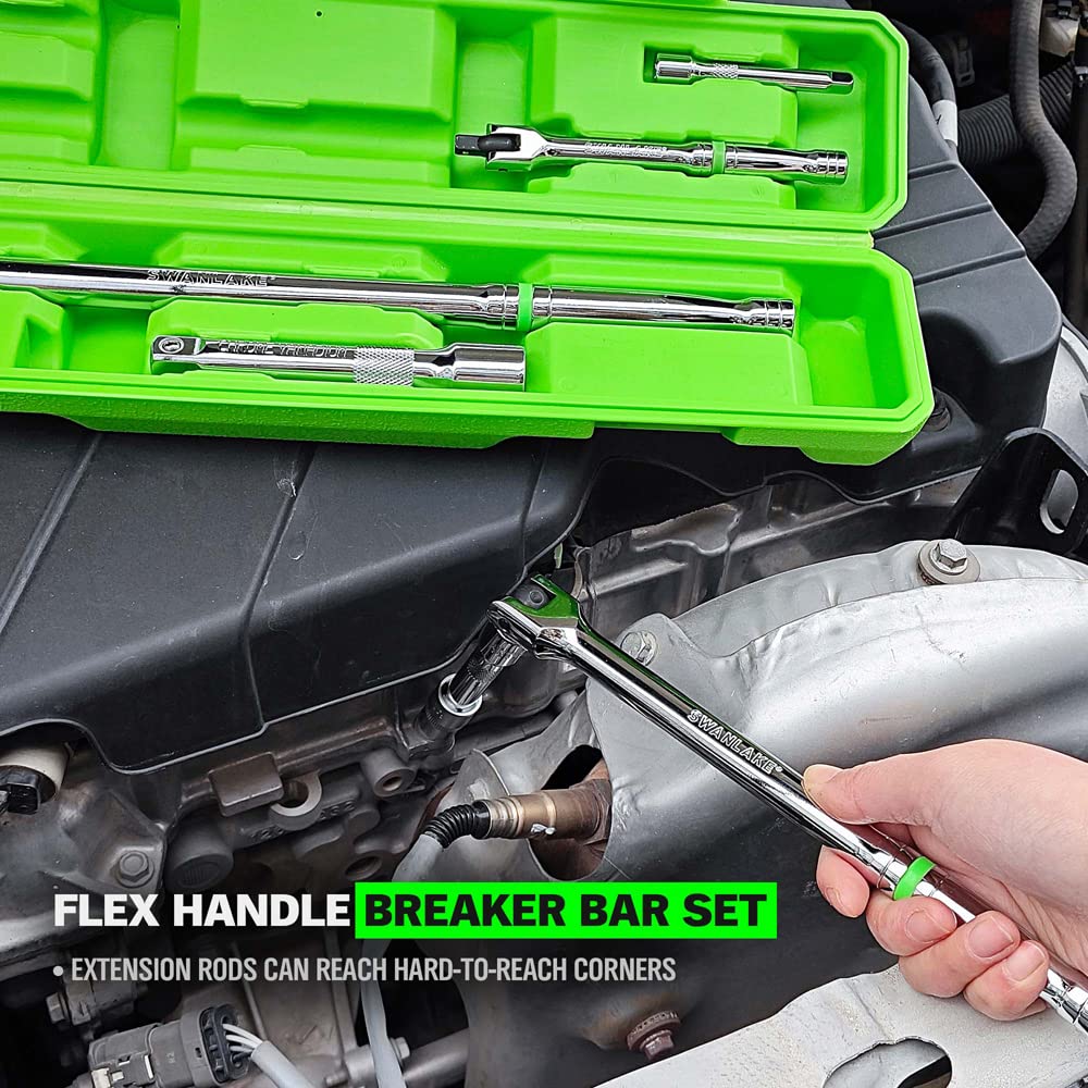 SWANLAKE 6PC Breaker Bar Set,1/4", 3/8" & 1/2" Drive,Heavy Duty Breaker Bars, 6-inch, 10-inch, 15-inch Length with 180° Rotatable Head