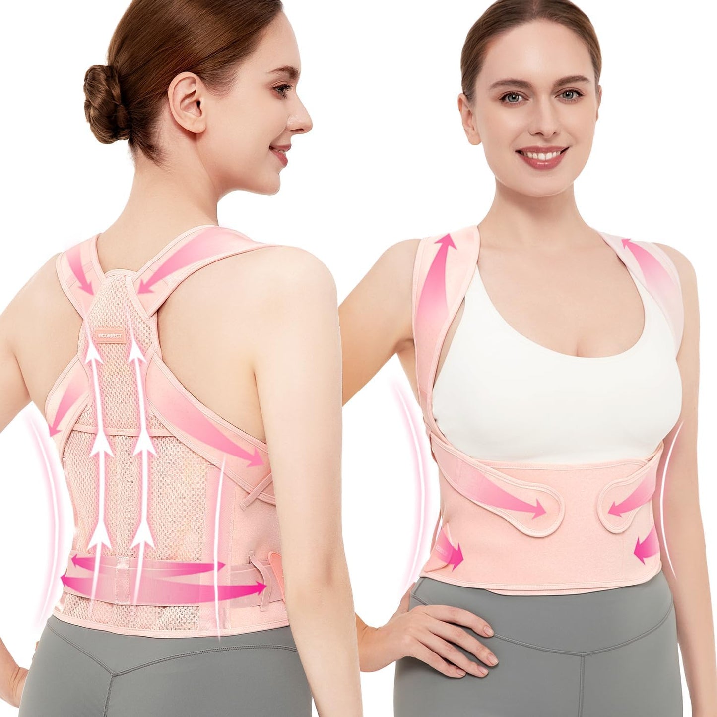 Vicorrect Posture Corrector for Women and Men: Back Support Brace Upper Back Shoulders Pain Relif (Pink, Large)