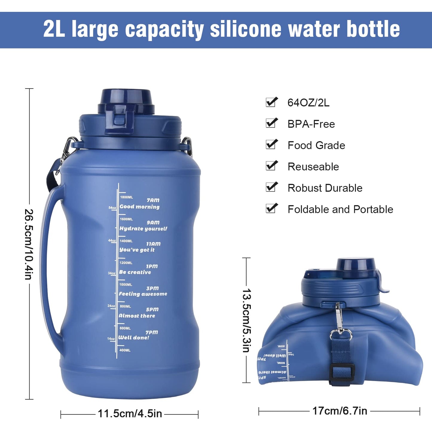 Collapsible Water Bottles, 2L/64OZ travel water bottle Bottle with Straw, Half Gallon Large Water Bottle for Travel Outdoor Sports Runing Fitness Yoga (Upgraded blue)