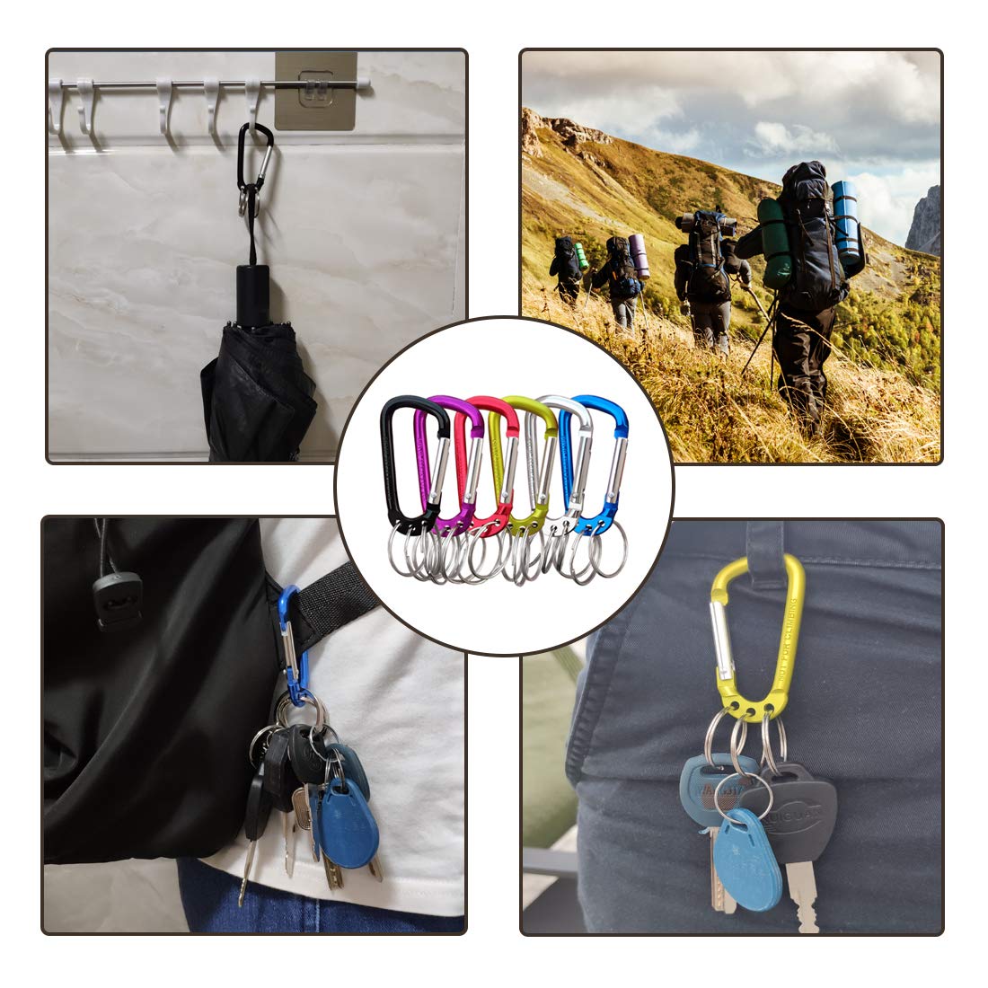 VictorsHome Carabiner Clip Keychain Aluminum Alloy D Shape Multifunction Clip Hook with 3 Key Rings for Outdoor Backpack Multi-Color 6 Pack