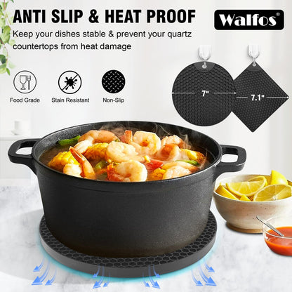 Walfos Silicone Trivet Mats - 4 Heat Resistant Pot Holders, Multipurpose Non-Slip Hot Pads for Kitchen Potholders, Hot Dishers, Jar Opener, Spoon Holder, Food Grade Silicone & BPA Free (Black)