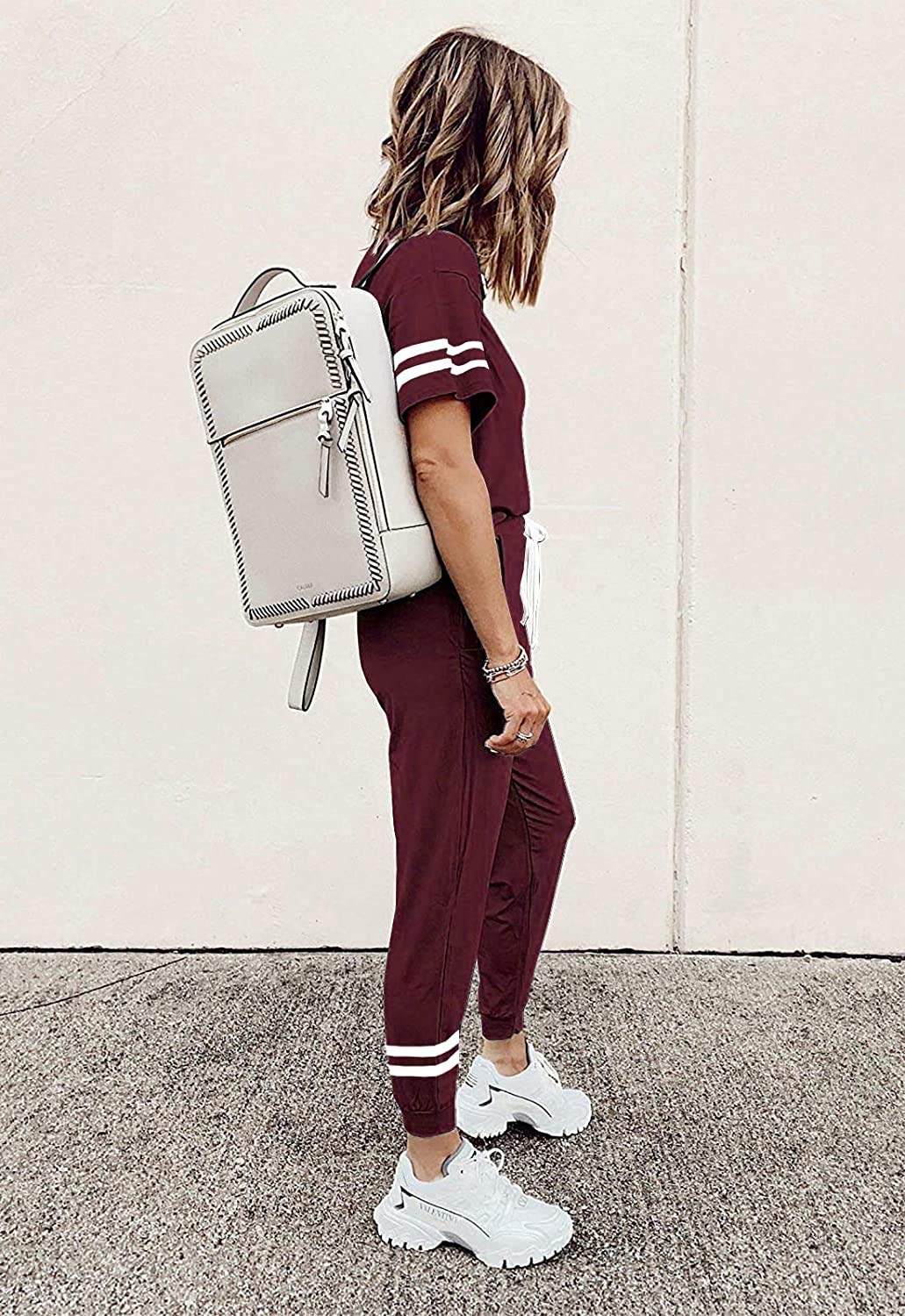 PRETTYGARDEN Women Summer Two Piece Outfits Striped Short Sleeve Pullover and Long Pants Tracksuit Travel Pajama Lounge Set (Wine Red,Small)