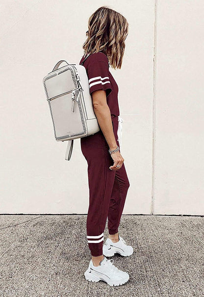 PRETTYGARDEN Women Summer Two Piece Outfits Striped Short Sleeve Pullover and Long Pants Tracksuit Travel Pajama Lounge Set (Wine Red,Small)