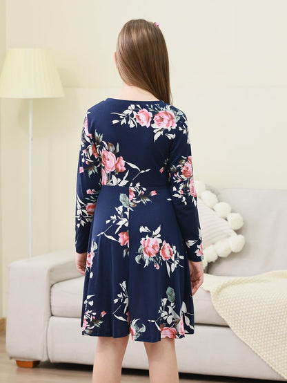 GORLYA Girls Short Sleeve Floral Print Casual Fit and Flare Party Dress with Pockets 4-12 Years (GA1002,10Y,NavyPrint-L)