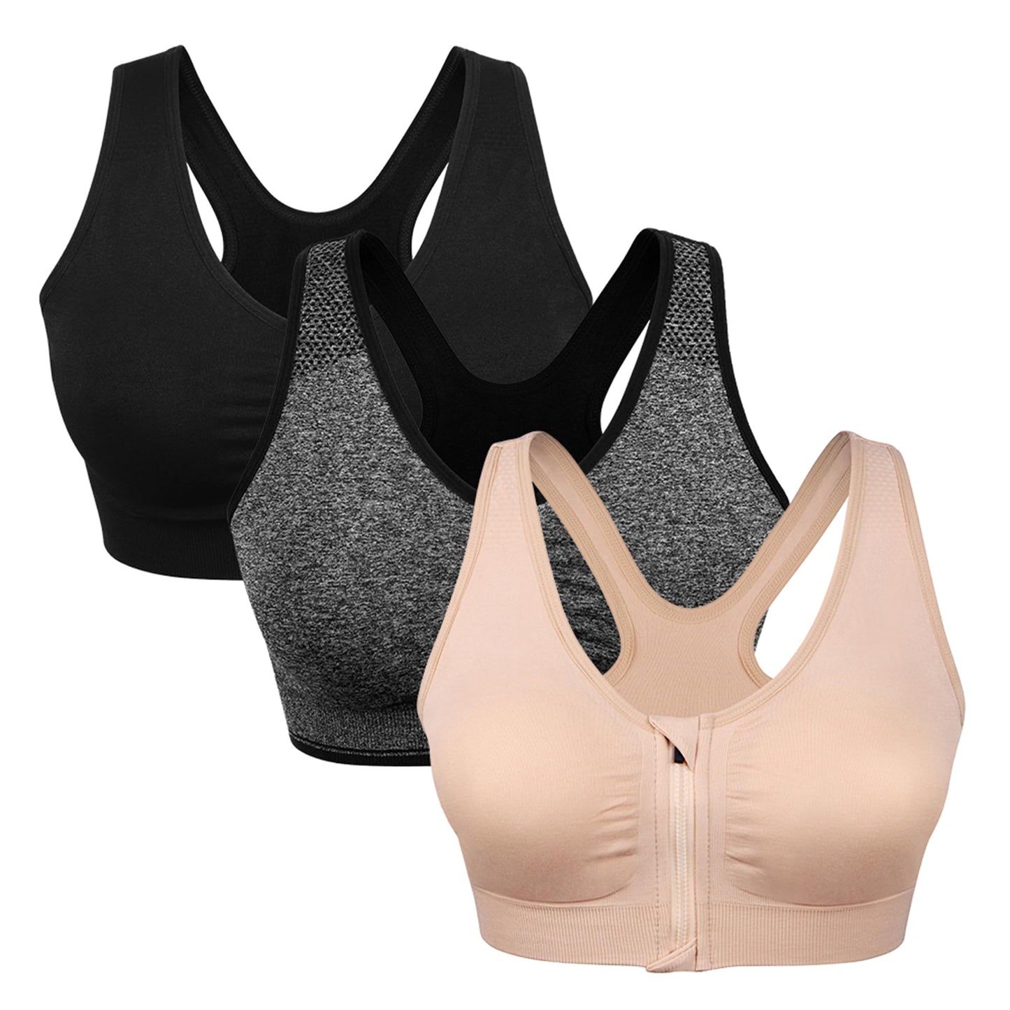 Women's Zip Front Sports Bra Wireless Post-Surgery, Yoga Sports Bras (L:Fit 34C,34,34D,34DD,36B,36C,38A,38B, 3 Pack(Black+Grey+Flesh))