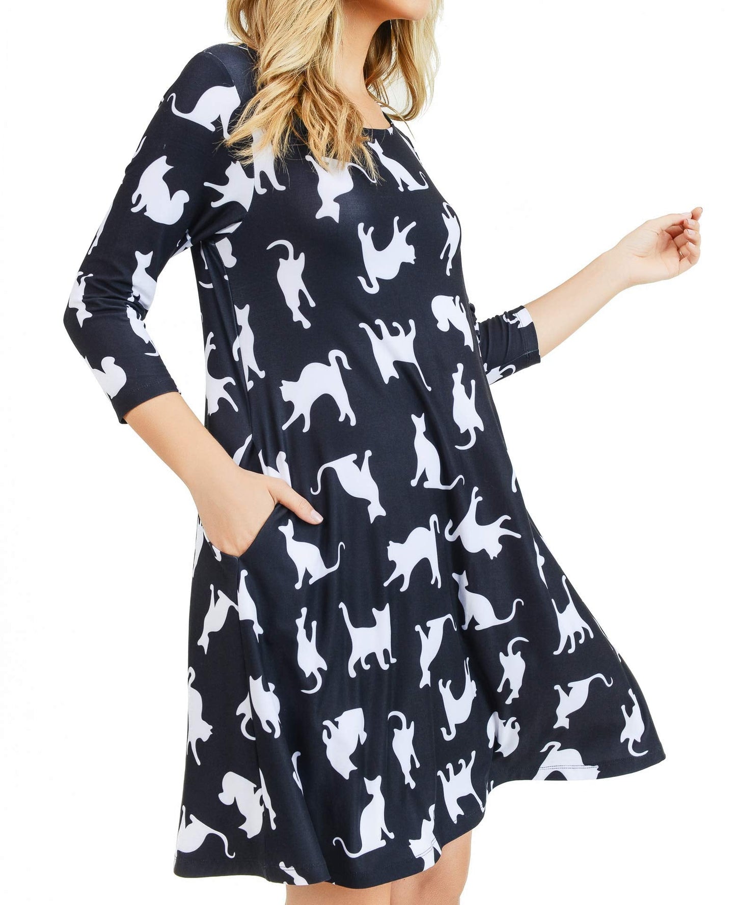 Women's Plus Size Novelty Cat Print Dresses with Pockets 2X Casual 3/4 Sleeves Crew Neck Fit and Flare Dress Balck White Kitty
