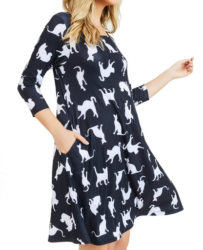 Women's Plus Size Novelty Cat Print Dresses with Pockets 2X Casual 3/4 Sleeves Crew Neck Fit and Flare Dress Balck White Kitty