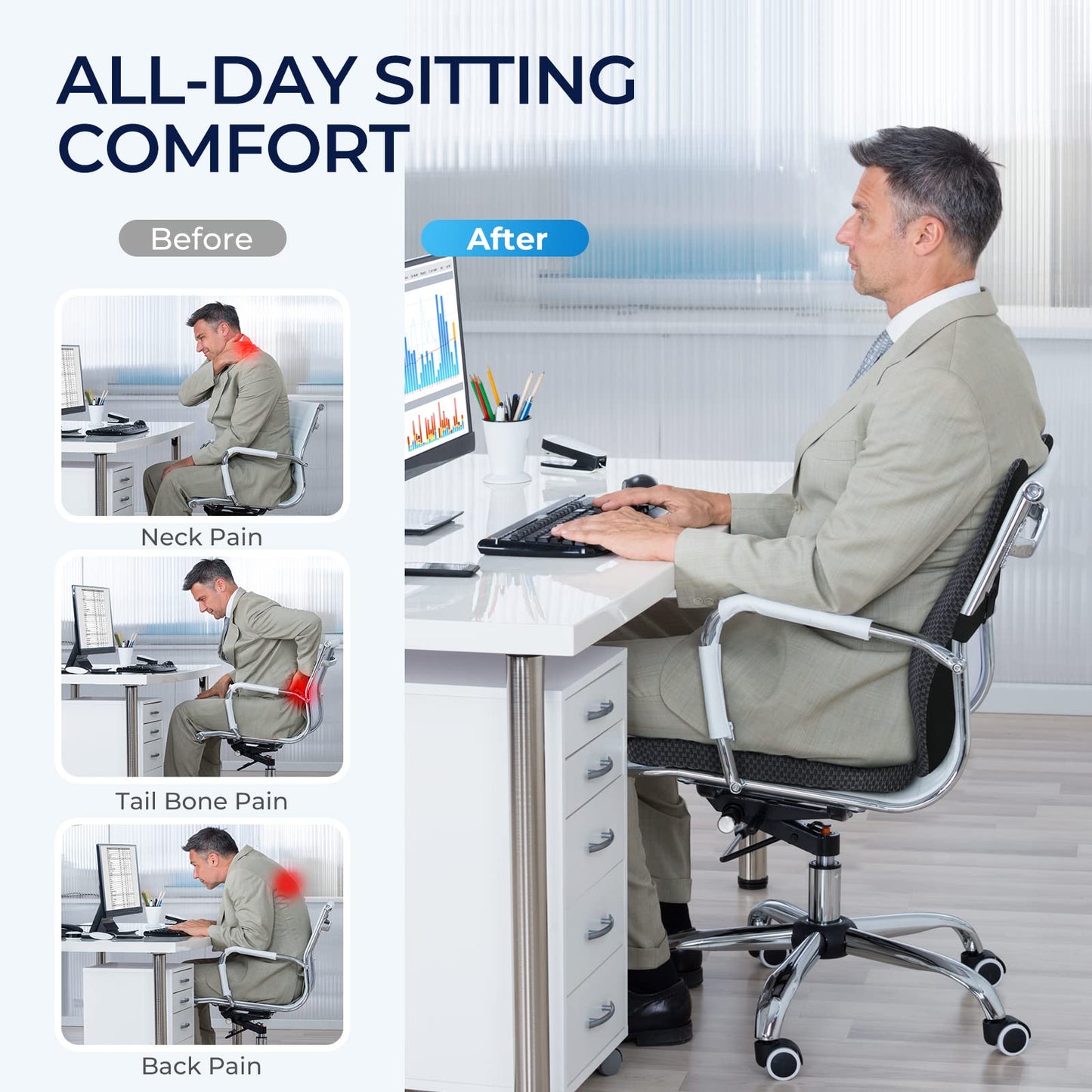 Seat Cushion & Lumbar Support Pillow: Memory Foam Chair Pad Back Cushion for Office Chair Car Seat Wheelchair Travel, Reduce Tailbone Pressure and Improve Comfort, Orthopedic Sciatica Hip Pain Relief