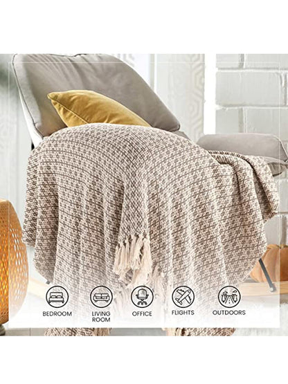 Sashaa Soft Throw Blanket for All-Season Comfort - Lightweight Cotton Weave Pattern with Boho Aesthetic & Tassels for Couch, Sofa, Bed, Chair & Outdoor Picnic | Neutral Beige, 70x50 inches (Pack of 1)