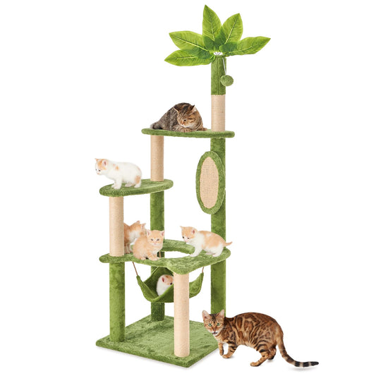 TSCOMON 55" Cat Tree for with Green Leaves, Multi-Level Large Cat Tower with Hammock, Plush Cat House with Hang Ball Toy and Sisal Scratching Posts Furniture, Green