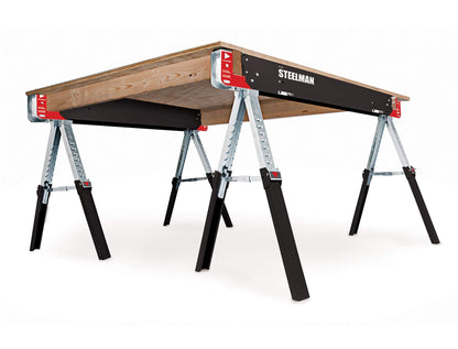 Steelman Adjustable Height Work Table Folding Sawhorses, Set of Two, Durable Steel Construction, Folding Legs, 2x4 Table Support Arms, 2,600 lb. Combined Loading Capacity