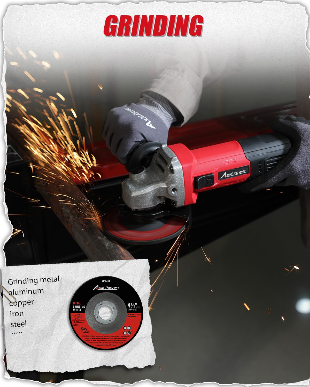 AVID POWER Angle Grinder, 7.5-Amp 4-1/2 inch Electric Grinder Power Tools with Grinding and Cutting Wheels, Flap Disc and Auxiliary Handle for Cutting, Grinding, Polishing and Rust Removal - Red