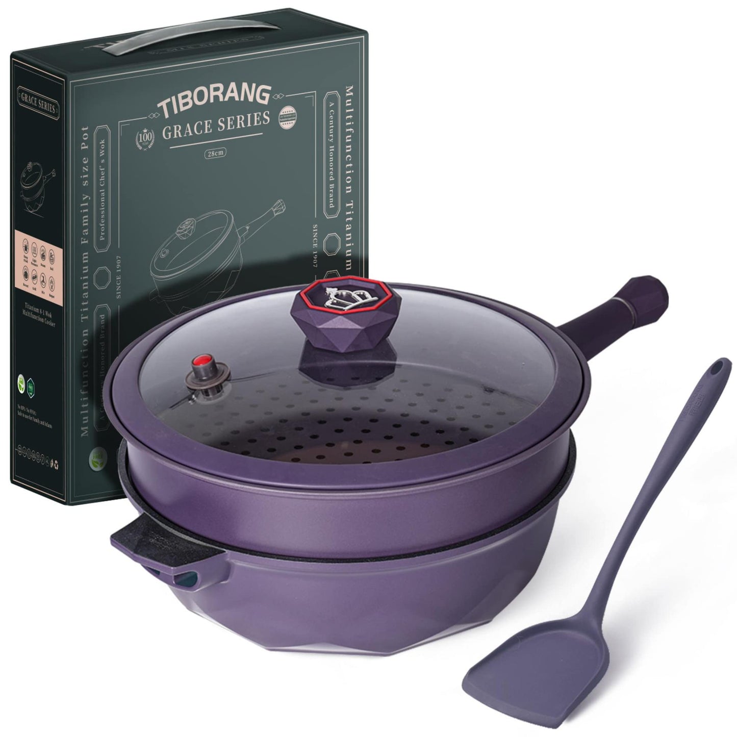 TIBORANG 8 in 1 Multipurpose 11 Inch 5 Qt Frying Pans Nonstick with Lid,Steamed Grid,PFOA-Free,Dishwasher&Oven Safe,Works with All Stovetops (Purple)