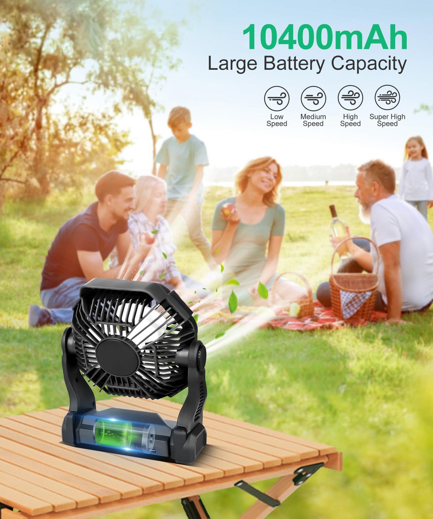 CONBOLA Solar Fans for Outside,Camping Fan, Portable Fans Rechargeable 9-Inch Battery Powered (180Hrs) LED Lantern, USB C Battery Beach Fan.