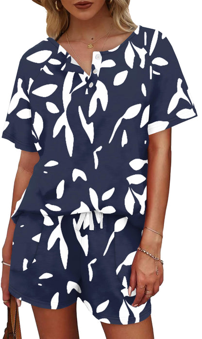 WIHOLL 2 Piece Sets For Women Summer Lounge Wear Matching Pajamas Set Graphic Tees And Shorts Track Suits Spring Break Clothes Floral Blue M