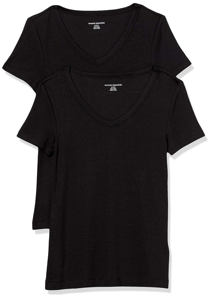 Amazon Essentials Women's Slim-Fit Short-Sleeve V-Neck T-Shirt, Pack of 2, Black, X-Small
