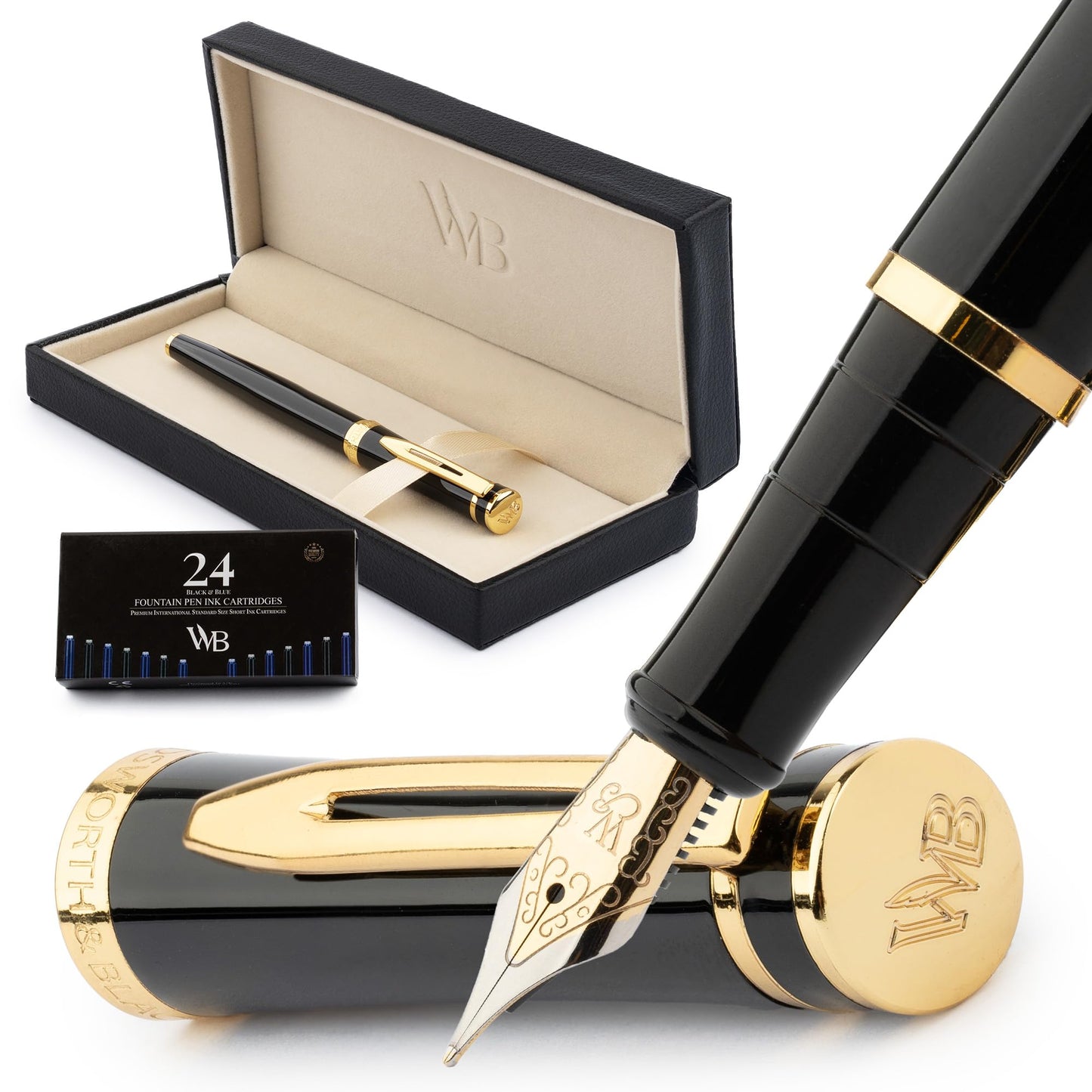 Wordsworth & Black Fountain Pen Set, Medium Nib, Includes 24 Ink Cartridges and Ink Refill Converter, Gift Case, Journaling, Calligraphy, Smooth Writing Pens [Black Gold], Perfect for Men and Women