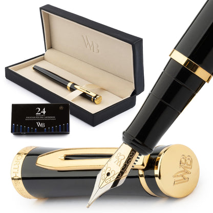 Wordsworth & Black Fountain Pen Set, Medium Nib, Includes 24 Ink Cartridges and Ink Refill Converter, Gift Case, Journaling, Calligraphy, Smooth Writing Pens [Black Gold], Perfect for Men and Women