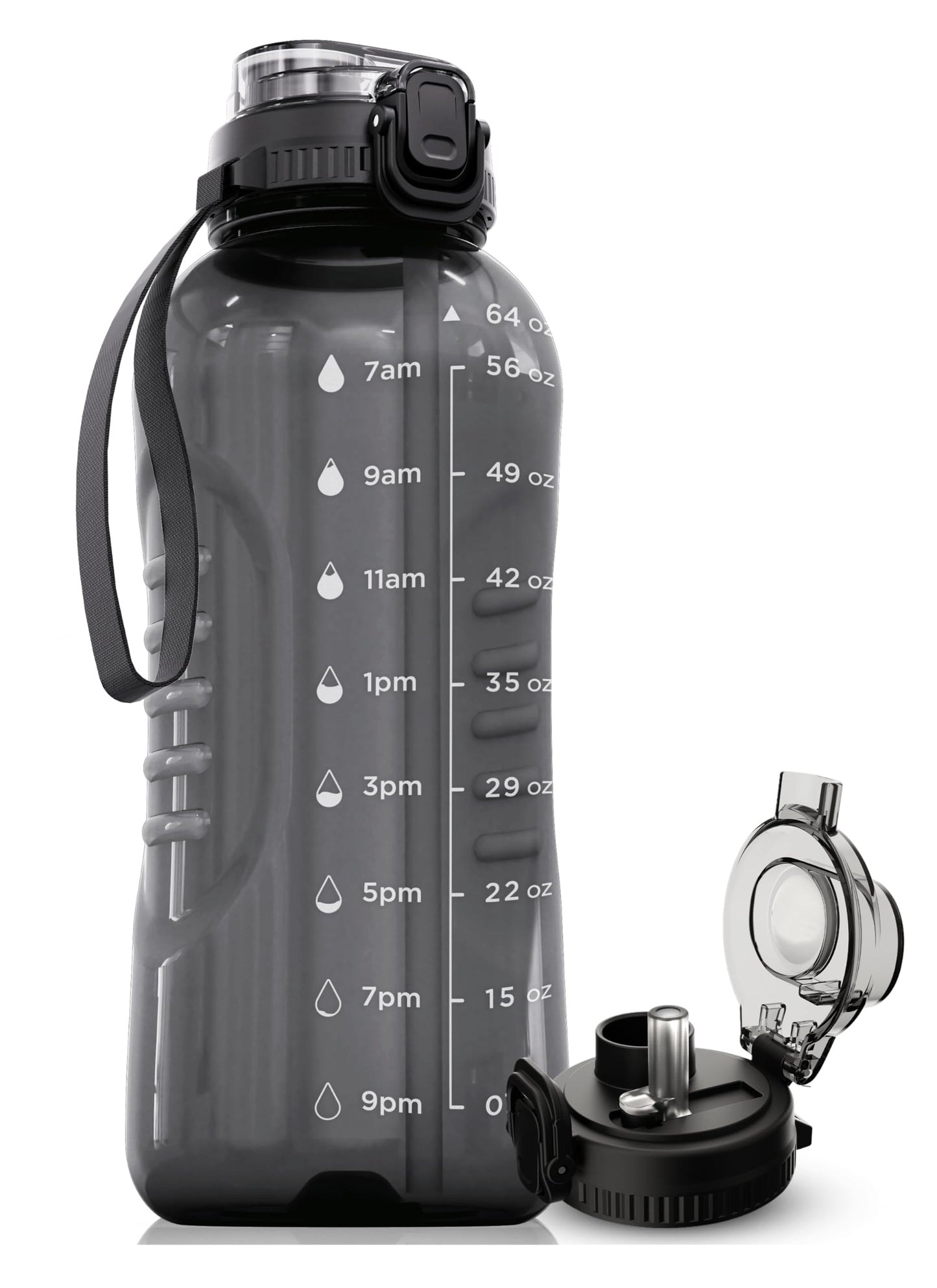 AQUAFIT 64 oz Water Bottle with Time Marker - 2in1 Straw & Chug Lid - BPA Free Big Water Bottle with Straw - Gym Water Bottle with Strap - Water Jug (64 Ounces, Gray)