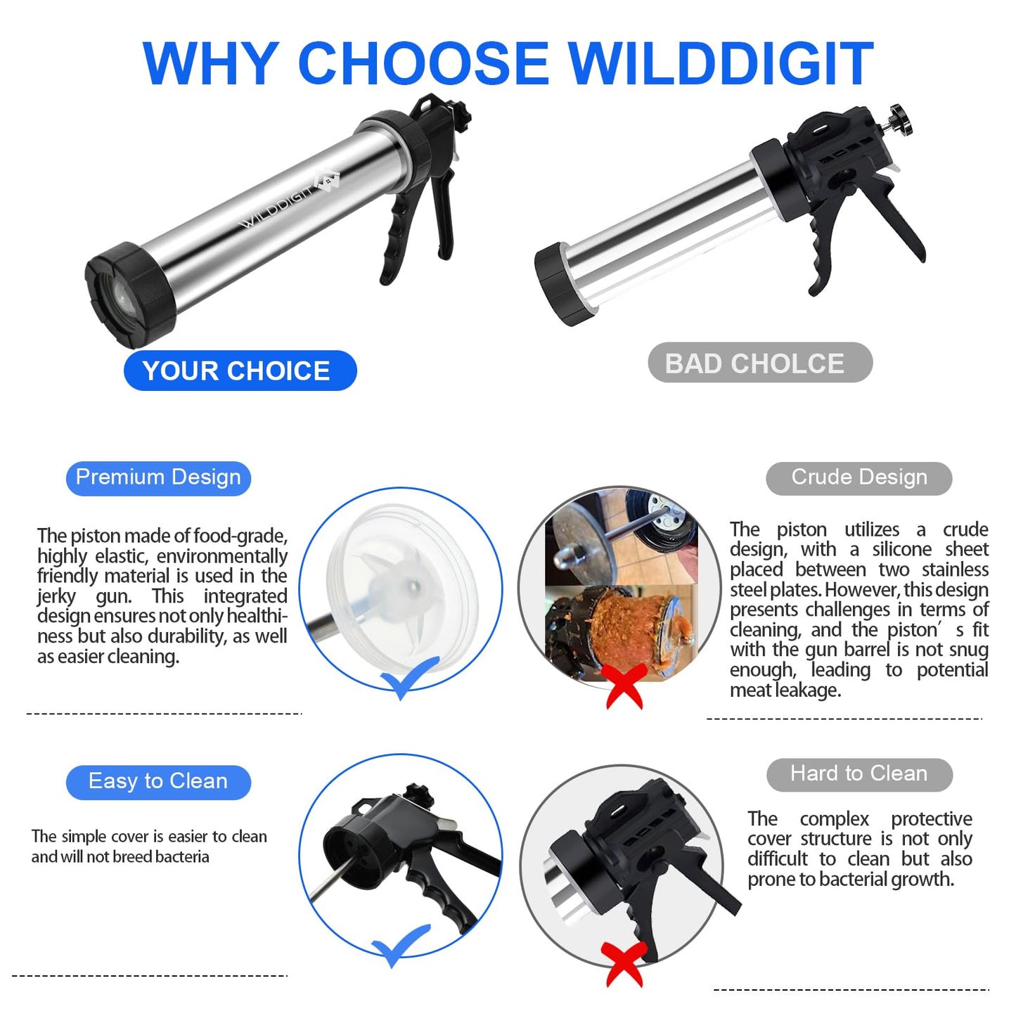 WILDDIGIT Professional Beef Jerky Gun Kits, Stainless Steel Jerky Maker, Jerky Cannon, Meat Gun with 5 Stainless Nozzles and 5 Brushes